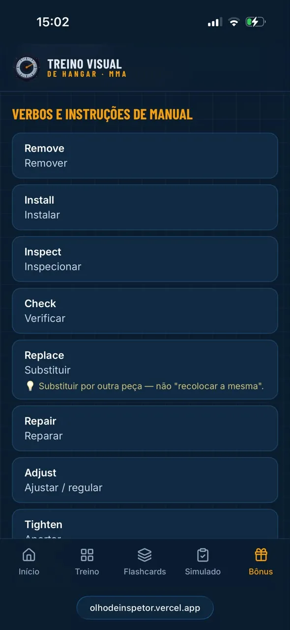 Lista de verbos e instruções de manual em inglês técnico