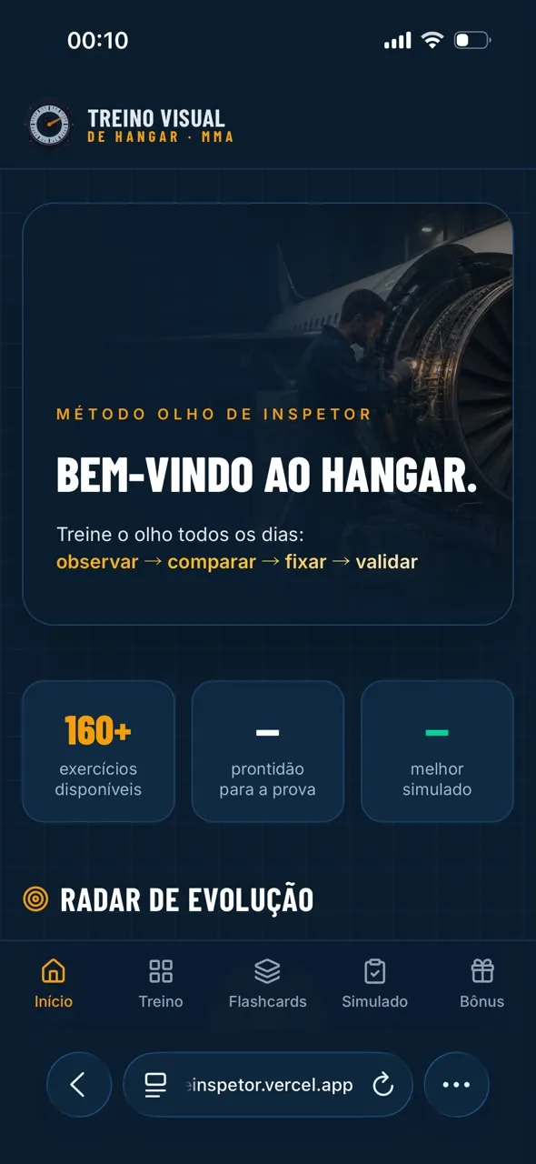 Tela inicial do app com o método Olho de Inspetor