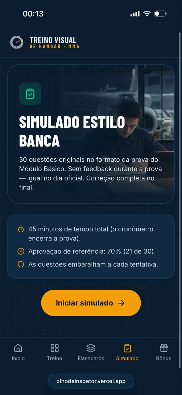 Tela de apresentação do simulado estilo banca